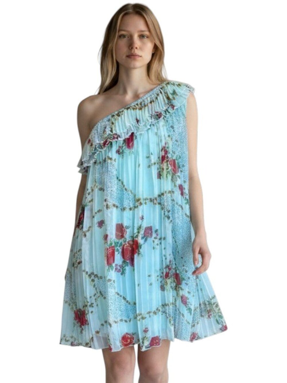 NWT Traffic People One Shoulder Silk Pleated Mini Ruffle Dress Aqua Rose Floral